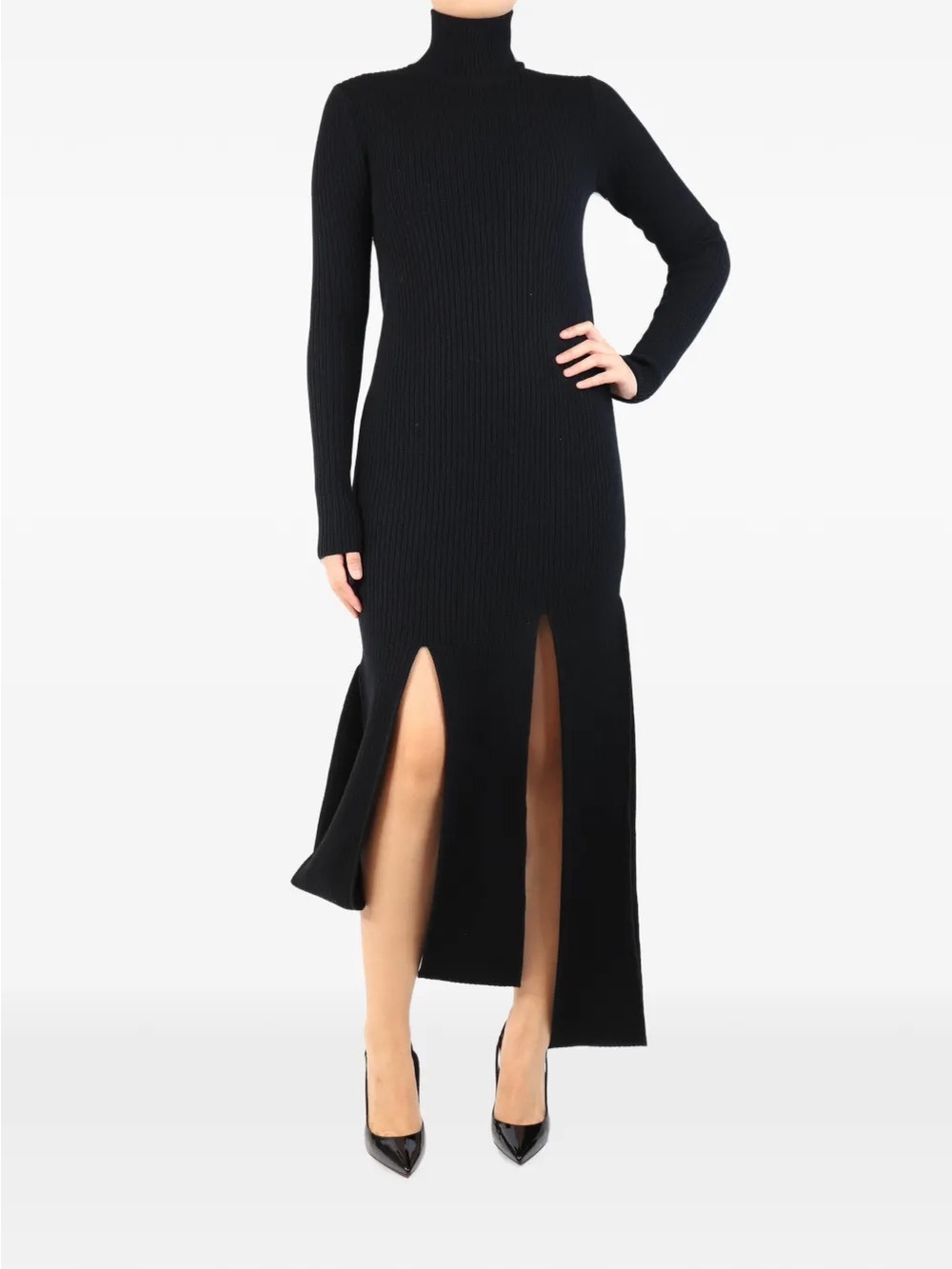 Bottega Veneta Black Ribbed Turtleneck Maxi Dress with Double Front Slits